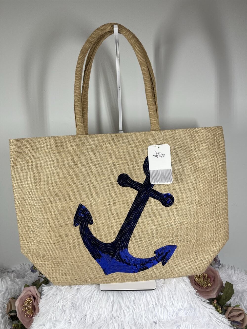 Bon Voyage Large Burlap Tote Bag Blue Sequin Anchor Nautical Beach Shopper